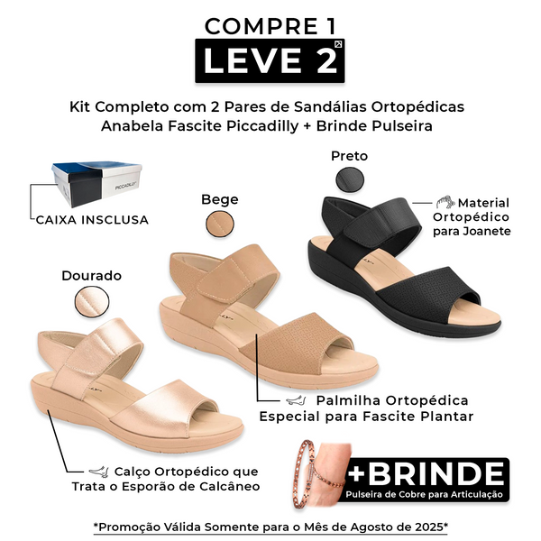 (COMPRE 1 e LEVE 2!) Kit Completo com 2 Pares de Sandálias Ortopédicas Anabela Marlly Fascite Piccadilly + Brinde Pulseira de Cobre